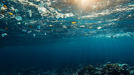 Tiny plastic microbeads floating in ocean water, polluting the sea and threatening marine ecosystems.

