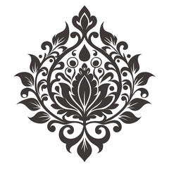 Elegant Damask Floral Design Element: Black and White Vintage Ornament, Ornate, Symmetrical, Decorative,  Luxury Pattern