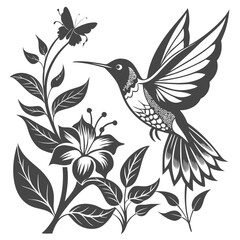 Elegant Monochrome Hummingbird and Floral Design:  Intricate Line Art, Vintage Style, Serene Mood.