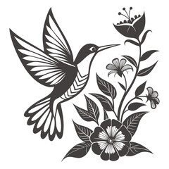 Elegant Hummingbird and Floral Design: Monochrome, Art Deco Style, Nature Illustration