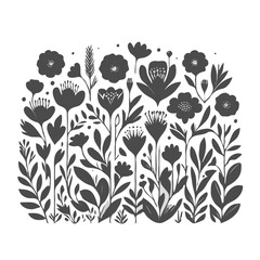 Monochromatic Floral Meadow: Stylized Dark Gray Botanical Illustration, Elegant and Modern Design.