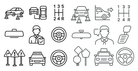 Collection of car icons including a steering wheel, a taxi sign, and a speed bump. The icons are all in black and white