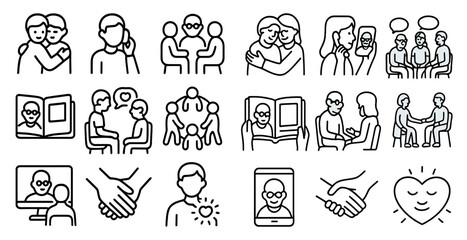 Series of images of people in various positions, including holding hands, hugging, and sitting. The mood of the images is positive and friendly, conveying a sense of connection