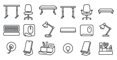 Collection of office furniture and accessories, including a keyboard, mouse, and desk lamp. Concept of organization and productivity