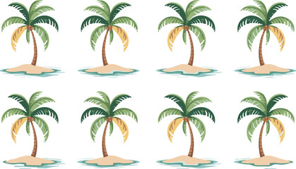 Fototapeta premium Vector art of tropical palm trees on sandy islands in blue water isolated on white background