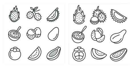 The image is a set of fruit illustrations in black and white. The fruits include a watermelon, a cantaloupe, a pineapple, a mango, a kiwi, a banana, an avocado, a tomato, a peach