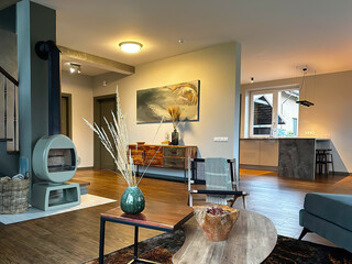 Modern luxury apartment interior in minimal scandinavian style, 3d rendering