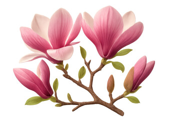 Fototapeta premium Magnolia flowers and buds blooming on a branch with green leaves, isolated on transparent background