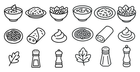 Set of food items are shown in a line drawing style. The food items include a variety of dishes such as soup, salad, and pasta. Concept of abundance and variety