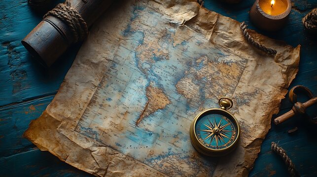 Maritime journey begins using ancient brass compass images