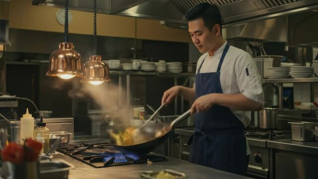 Chef Stir-Frying in a Restaurant Kitchen - A male chef in a white jacket and blue apron expertly stir-fries food in a wok over a gas burner.