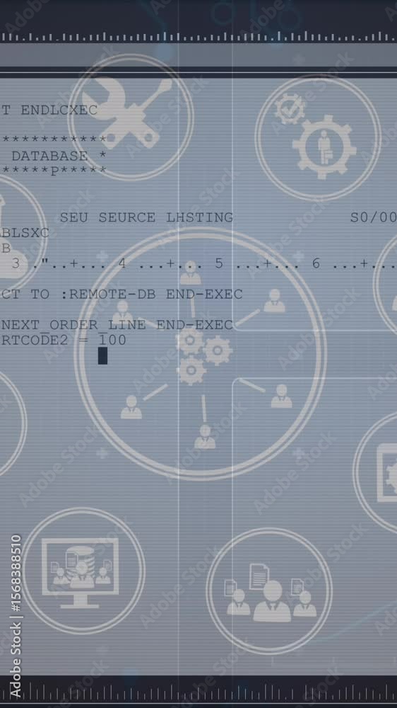 Poster animation of tech icons and data processing on computer screen