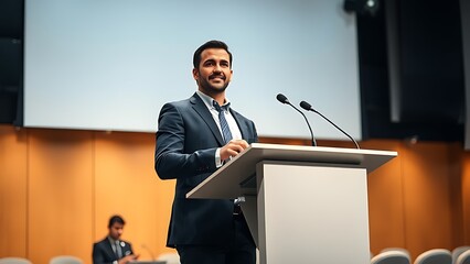 A confident presenter in business attire stands at a modern podium in a professional studio setting.