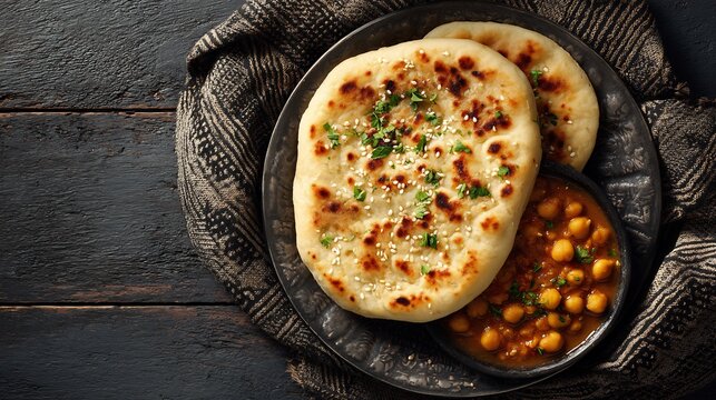 Pakistani kulcha bread sesame seeds served with chana curry in cultural kitchen environment top down view