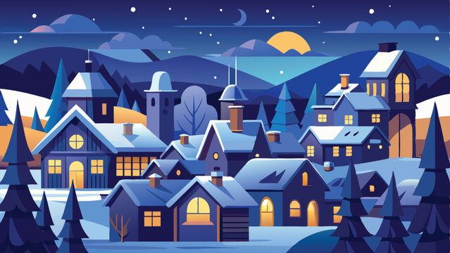 Stylized Snowy Village Illustration with Crescent Moon, Stars, and Illuminated Windows at Night