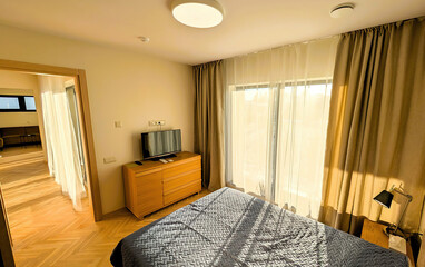 Modern luxury bedroom interior in minimal scandinavian style, 3d render