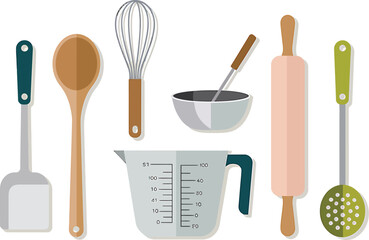 Illustration of kitchen utensils including a bowl and measuring cup on white
