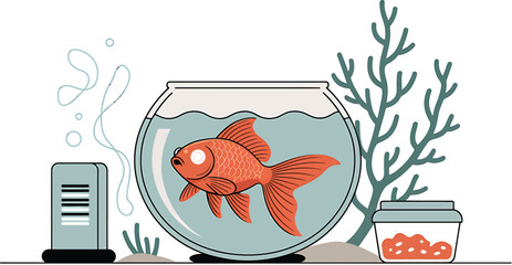 Illustration of a goldfish in a bowl with accessories and fish food nearby