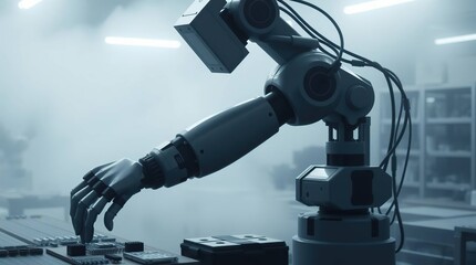 A sophisticated robotic arm gracefully assembles intricate electronics within a futuristic factory shrouded in thick fog.
