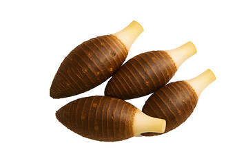 Four Taro Roots on White Background Isolated Overhead View