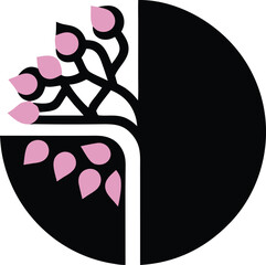 Cherry Blossom Emblem: A minimalist, elegant design showcasing a stylized cherry blossom branch with delicate pink petals, beautifully framed by a circular black backdrop. 