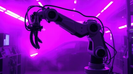 A high-contrast scene of a robotic arm in a car factory, bathed in deep ultraviolet hues and ethereal, volumetric light beams.