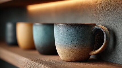 Stylish Gradient Coffee Mugs on a Shelf