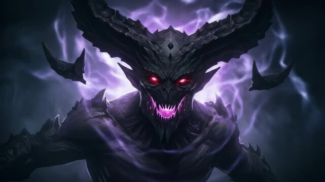 Dark Demon Lord Emerging from Shadow - A menacing demon with large horns and glowing red eyes emerges from a purple, shadowy aura. Its sharp teeth and clawed hands add to its terrifying presence.