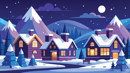 Obraz premium Snowy Mountain Village at Night with Houses, Trees, and Moonlit Sky