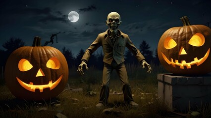 Create funny 3DZombie pumpkins attempting to do the Thriller dance under a full moon, badly but hilariously out of sync.