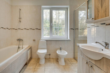Modern bathroom interior in minimal scandinavian style, 3d render