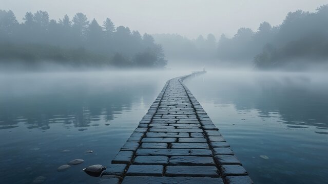 Floating Blue Stepping Stone Path in Foggy Lake with Forest View Background