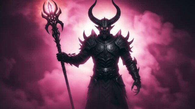 Dark Lord with Staff in Pink Mist - A menacing dark lord, clad in black armor and wielding a glowing staff, stands against a backdrop of swirling pink mist.