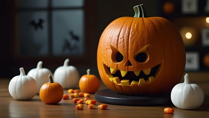 Create funny a haunted pumpkin gym where pumpkins are lifting candy corn dumbbells and doing yoga with ghosts as trainers.