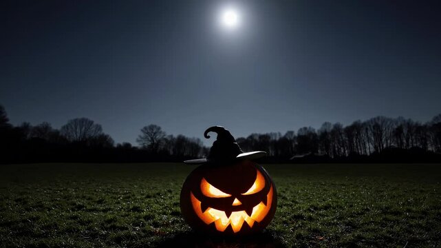 Halloween pumpkin with glowing eyes wearing a witch hat is sitting in a field at night with a full moon in the background