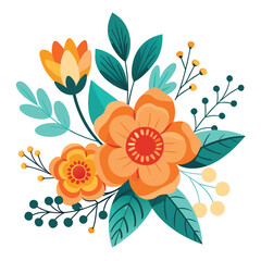 Elegant corner floral arrangement with three orange yellow flowers isolated on white background