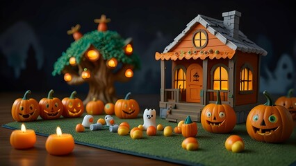 Create funny a haunted pumpkin gym where pumpkins are lifting candy corn dumbbells and doing yoga with ghosts as trainers.