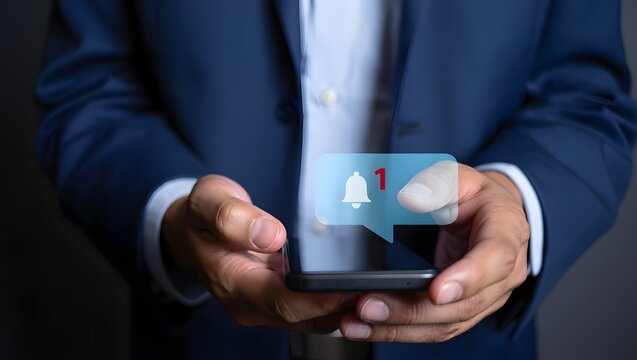 Alert notification concept. Reminder, Push Notifications, Web Reminders, Time Table and Announcements. Person using smartphone with bell notification icon on virtual screen.