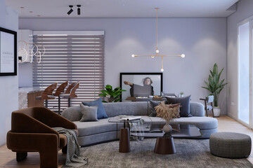 Modern luxury apartment interior in minimal scandinavian style, 3d rendering
