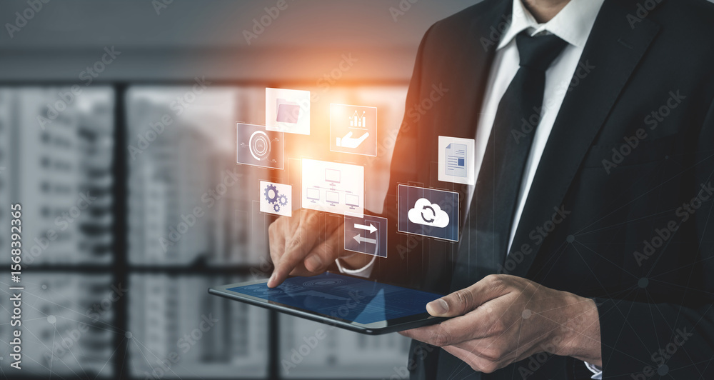 Poster digital business infrastructure with data system, analytics, sync. system management improves access