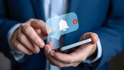 Alert notification concept. Reminder, Push Notifications, Web Reminders, Time Table and Announcements. Person using smartphone with bell notification icon on virtual screen.