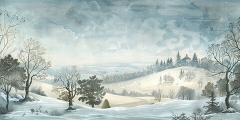 Winter wonderland with snow-covered fields and trees.