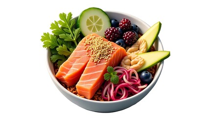 Overhead Poke Bowl Illustration – Ultra High-Resolution with Salmon, Acai Berries, Cucumber, Sesame Seeds, and Creamy Sauce on White Background