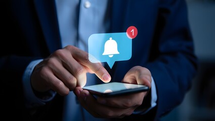 Alert notification concept. Reminder, Push Notifications, Web Reminders, Time Table and Announcements. Person using smartphone with bell notification icon on virtual screen.