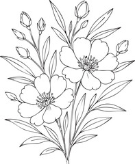 Elegant hand-drawn line art floral bouquet; two blooming flowers, buds, and leaves; minimalist, delicate, and serene aesthetic.