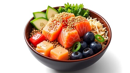 Overhead Poke Bowl Illustration – Ultra High-Resolution with Salmon, Acai Berries, Cucumber, Sesame Seeds, and Creamy Sauce on White Background