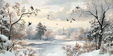 Winter wonderland with snow-covered fields and trees.