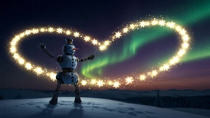 Robot snowman joyfully conducting magical snowflakes against northern lights in starry winter sky - Powered by Adobe
