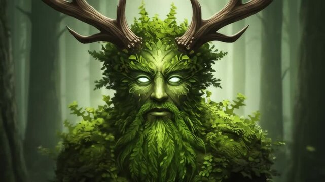 Green Man of the Woods - Mystical Forest Deity - A digital painting of a Green Man, a mythical figure representing nature, stands in a misty forest.