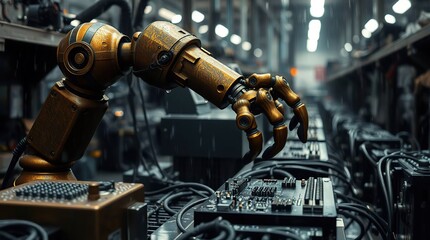 In a dark and moody factory, a cast bronze robotic arm with a wet patina assembles electronics, its reflective surfaces gleaming.